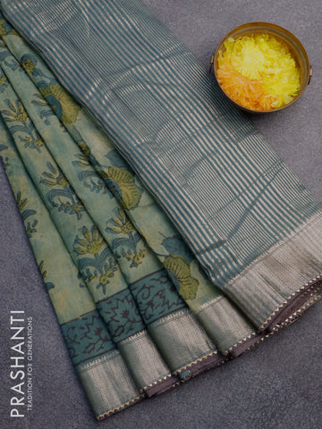 Chanderi silk cotton saree pastel green shade and grey shade with natural vegetable butta prints and zari woven gotapatti lace border