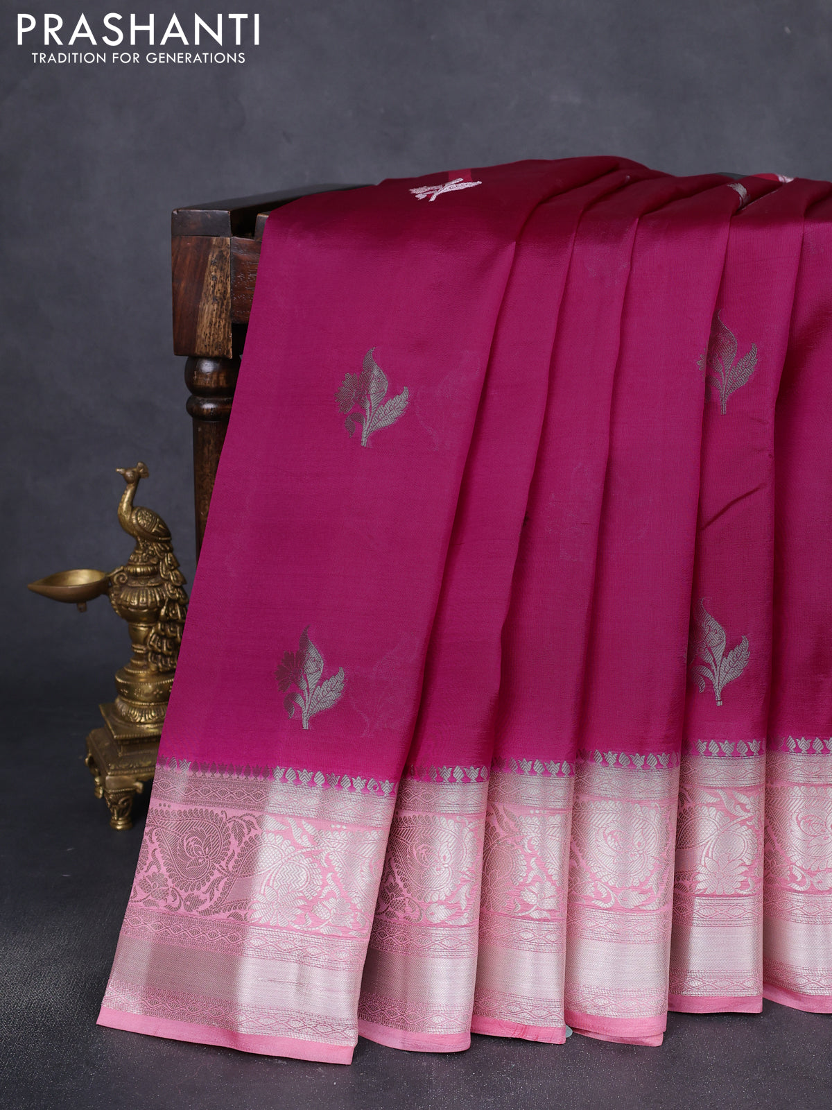 Banarasi poona silk saree dark pink and peach pink with zari woven floral buttas and zari woven border