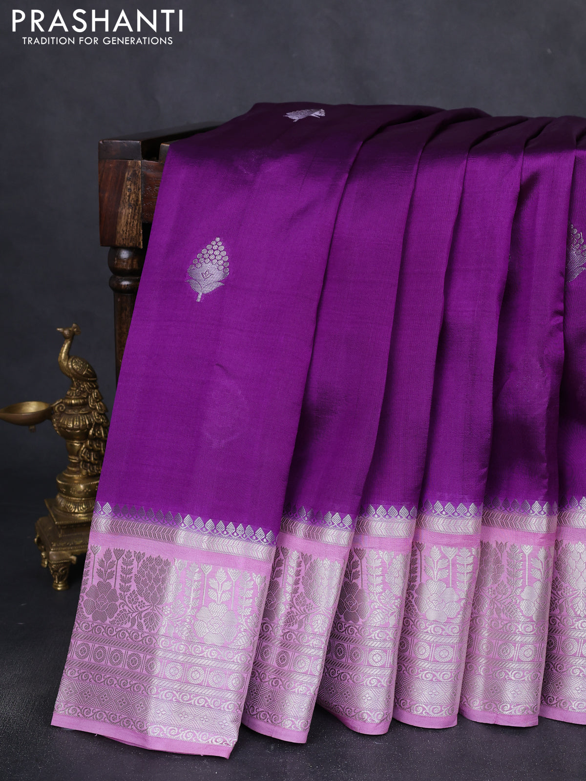 Banarasi poona silk saree purple and lavender with silver zari woven buttas and rich zari woven border
