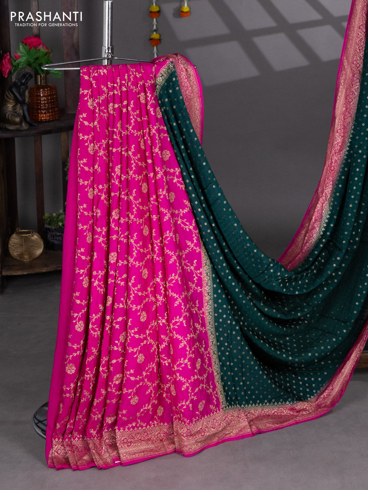 Banarasi crepe partly saree green and pink with woven buttas and woven border