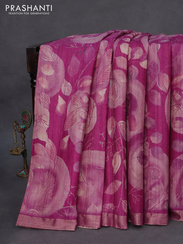 Banarasi tussar silk saree magenta pink with allover digital prints and zari woven border