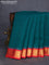 10 yards silk saree teal green and red with plain body and temple design zari woven border