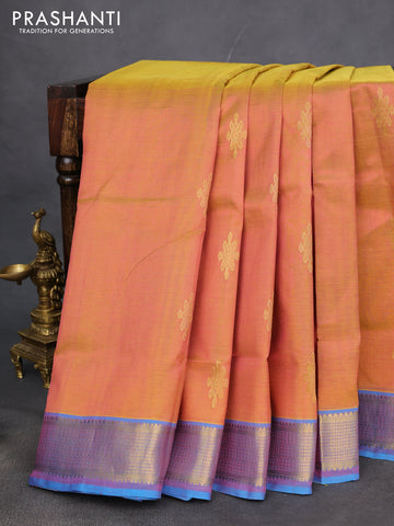 10 yards silk cotton saree dual shade of mustard and cs blue with zari woven buttas and zari woven border