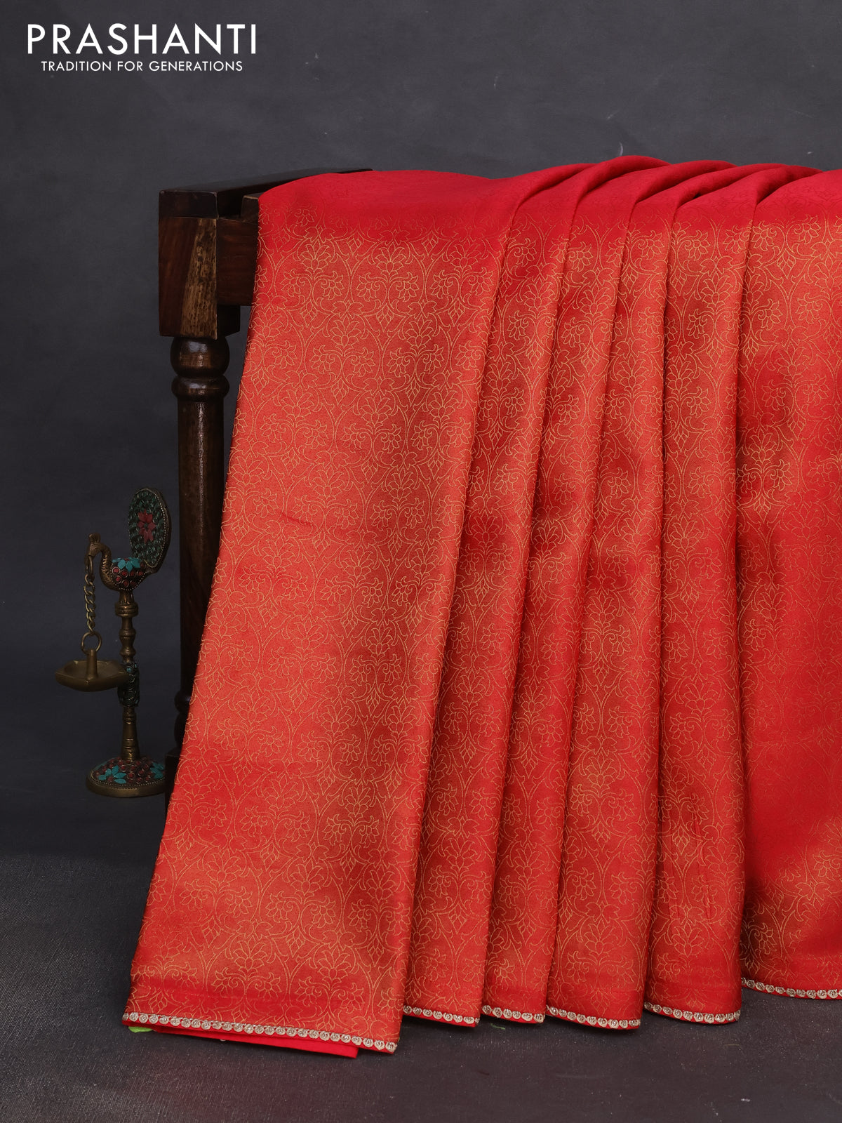 Banarasi semi crepe saree red with allover zari woven brocade weaves and lace work border