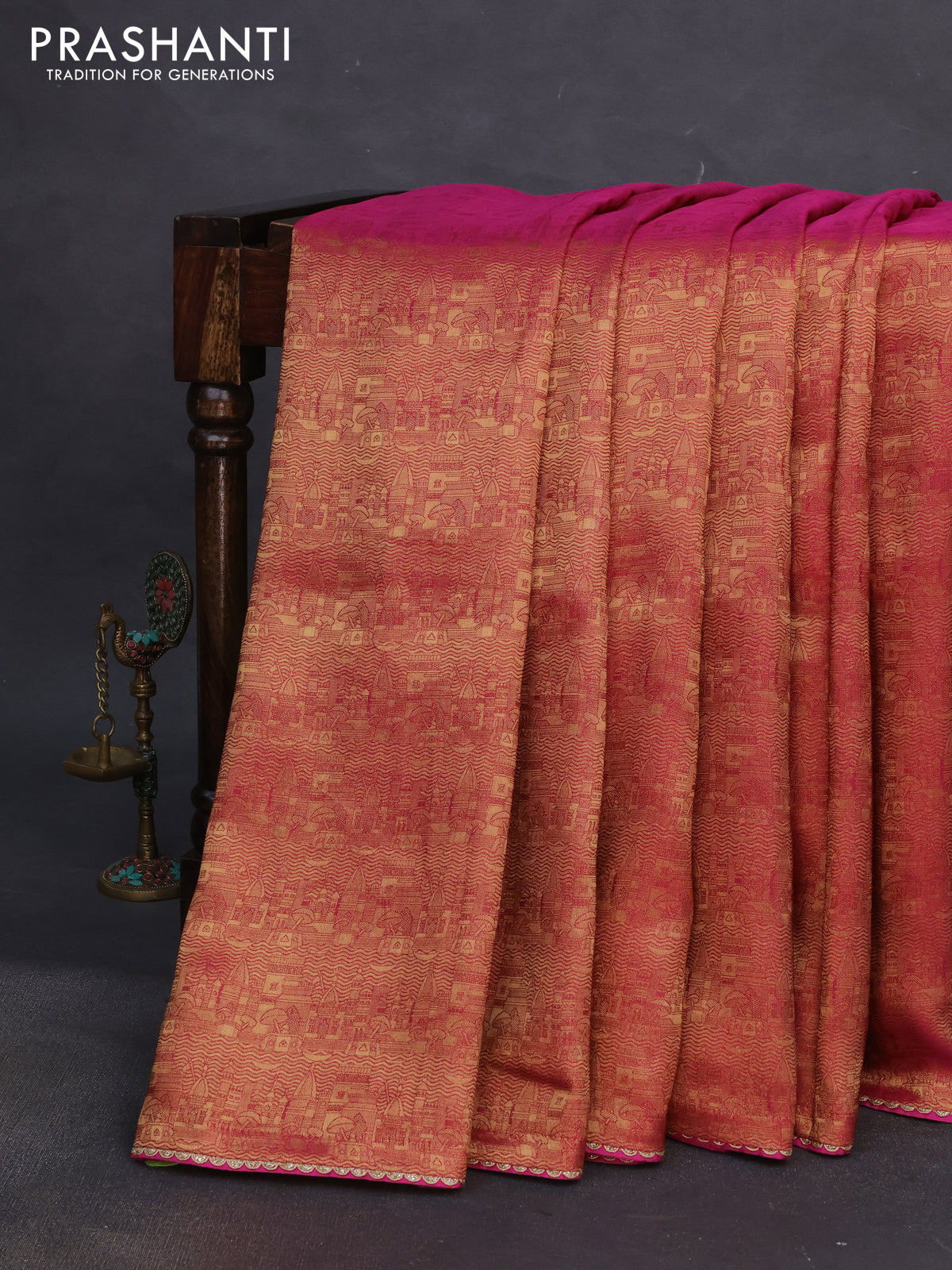 Banarasi semi crepe saree dual shade of pink with allover zari woven brocade weaves and lace work border
