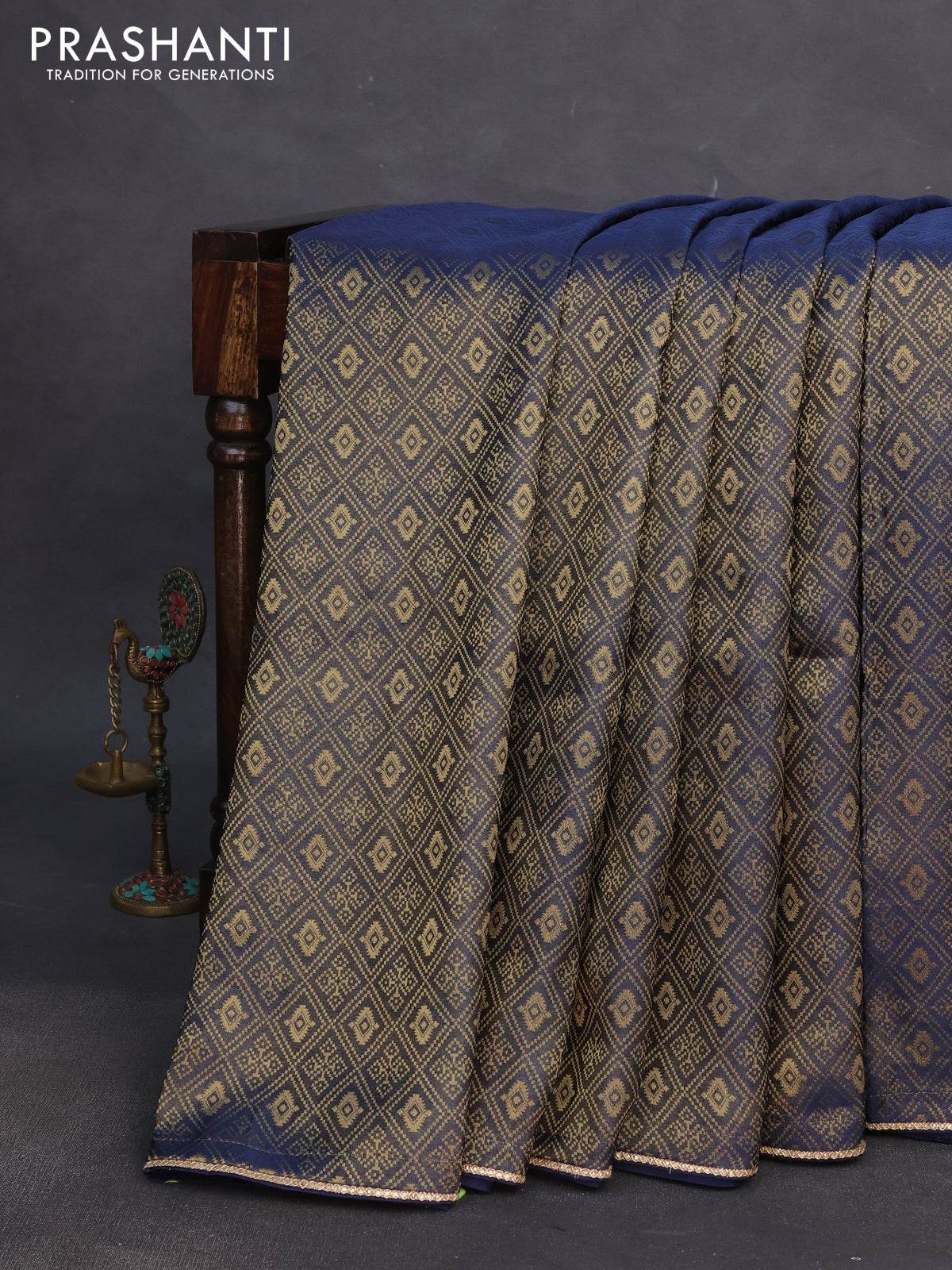 Banarasi semi crepe saree peacock blue with allover zari woven brocade weaves and lace work border