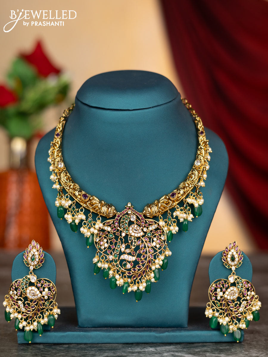 Antique necklace peacock design with kemp & cz stones and pearl & green beads hangings