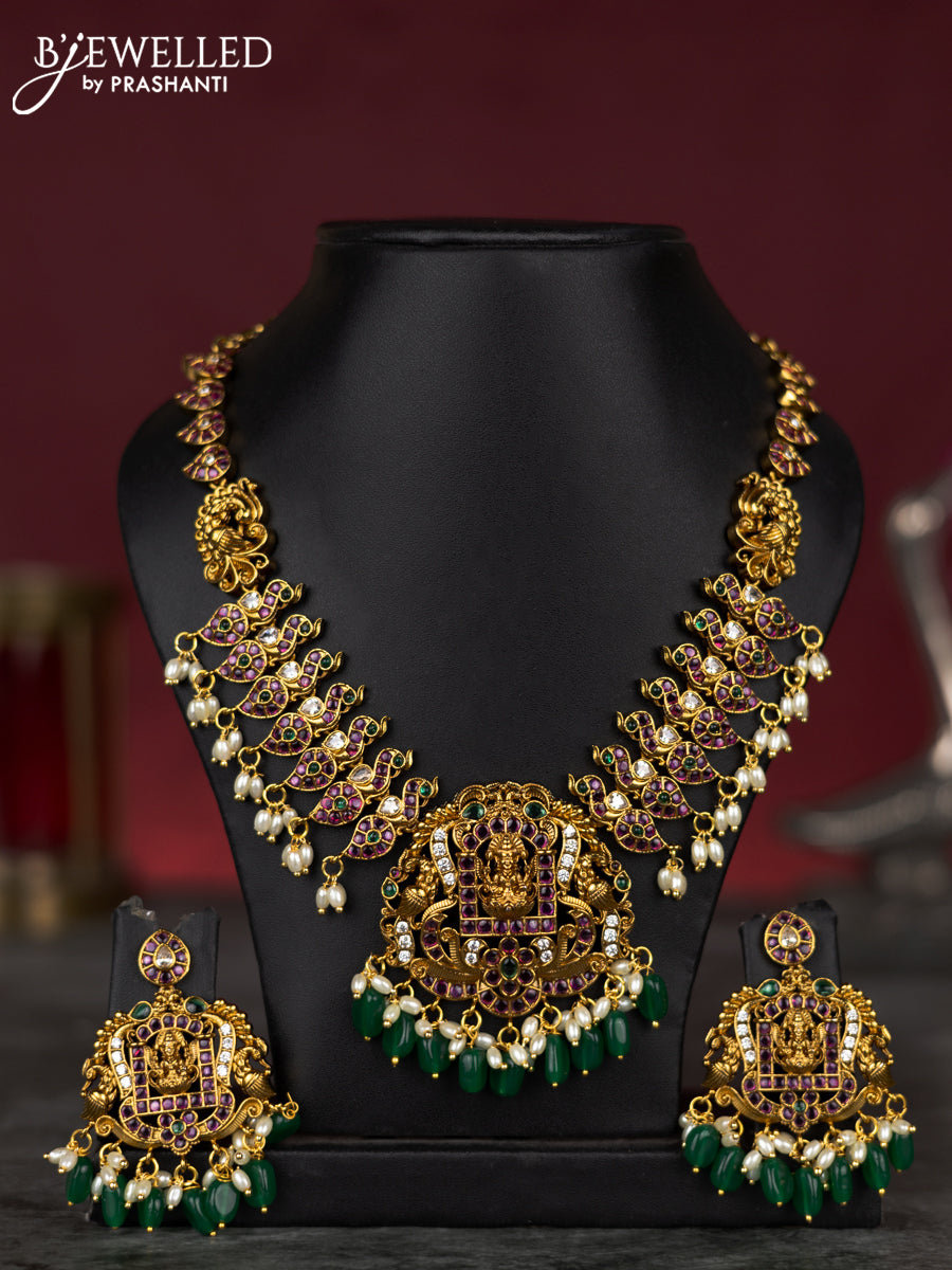 Antique guttapusalu necklace lakshmi & manga design with kemp & cz stones and pearl & green beads hangings