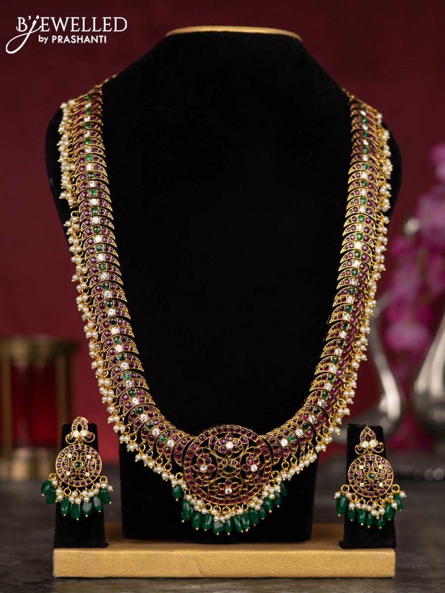Antique guttapusalu haram floral & chandbali design with kemp & cz stones and pearl & green beads hangings