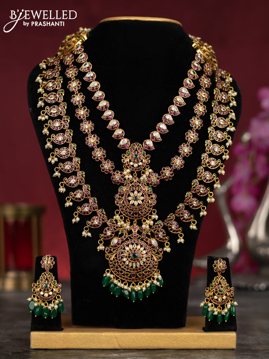 Antique guttapusalu haram floral & manga design with kemp & cz stones and pearl & green beads hangings