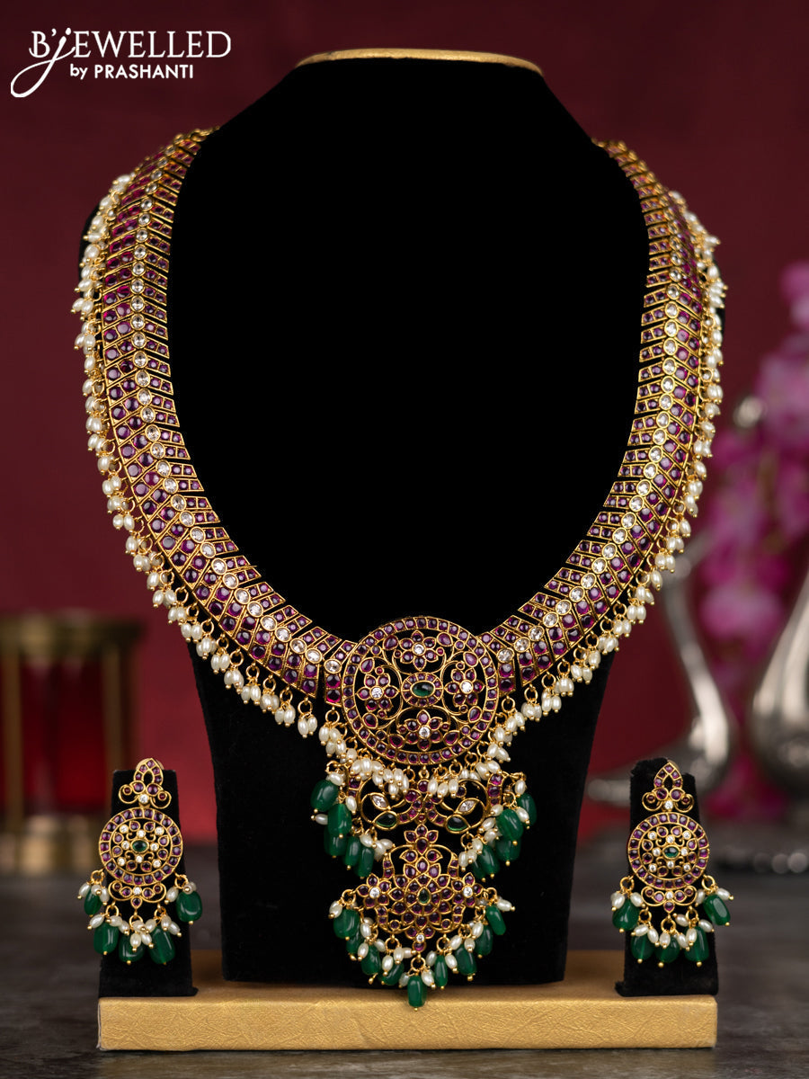 Antique guttapusalu haram with kemp & cz stones and pearl & green beads hangings