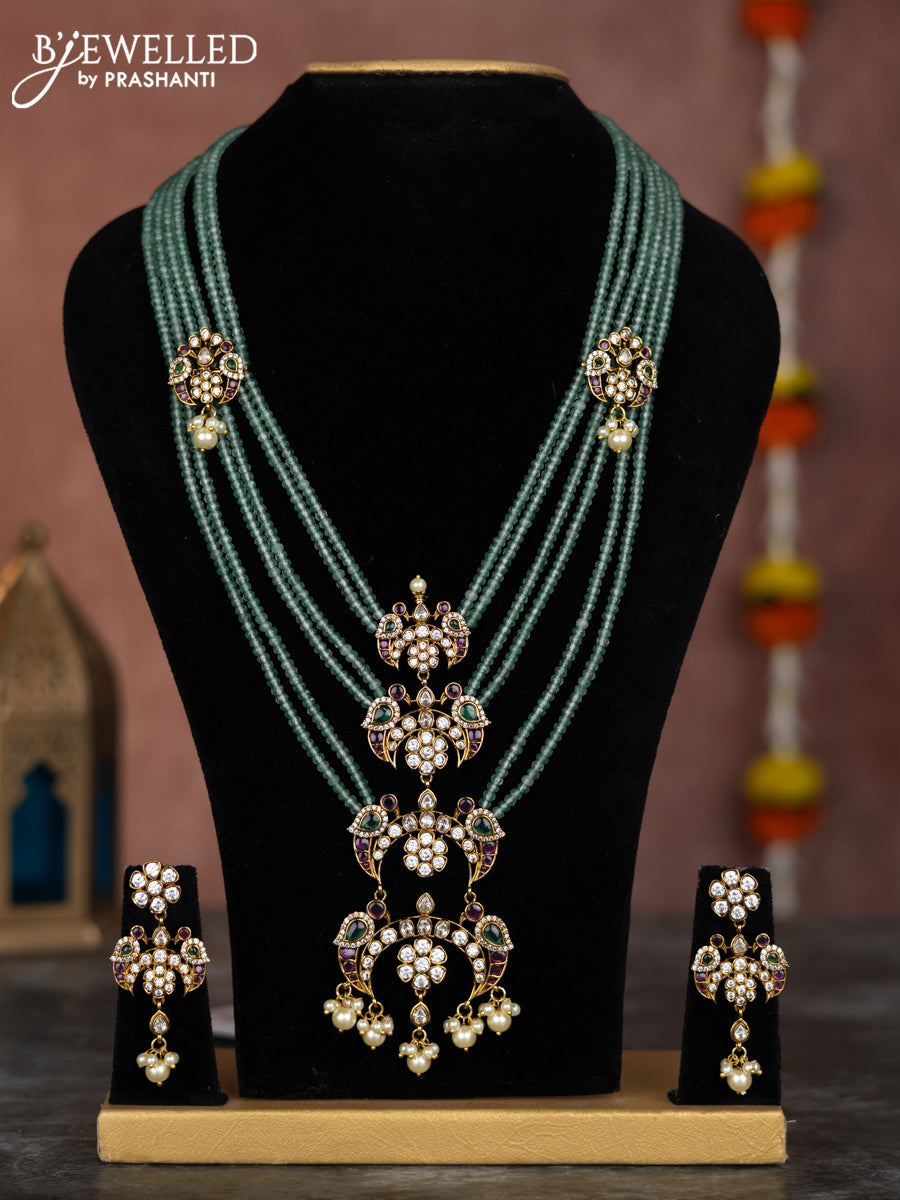 Beaded multilayer mint green necklace chandbali pendant with kemp & cz stones and pearl hangings in victorian finish
