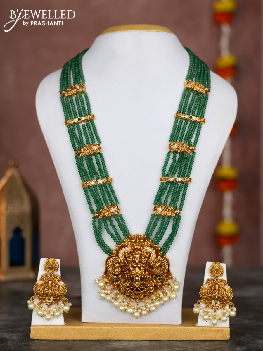 Beaded multilayer green necklace lakshmi pendant with kemp & cz stones and pearl hangings