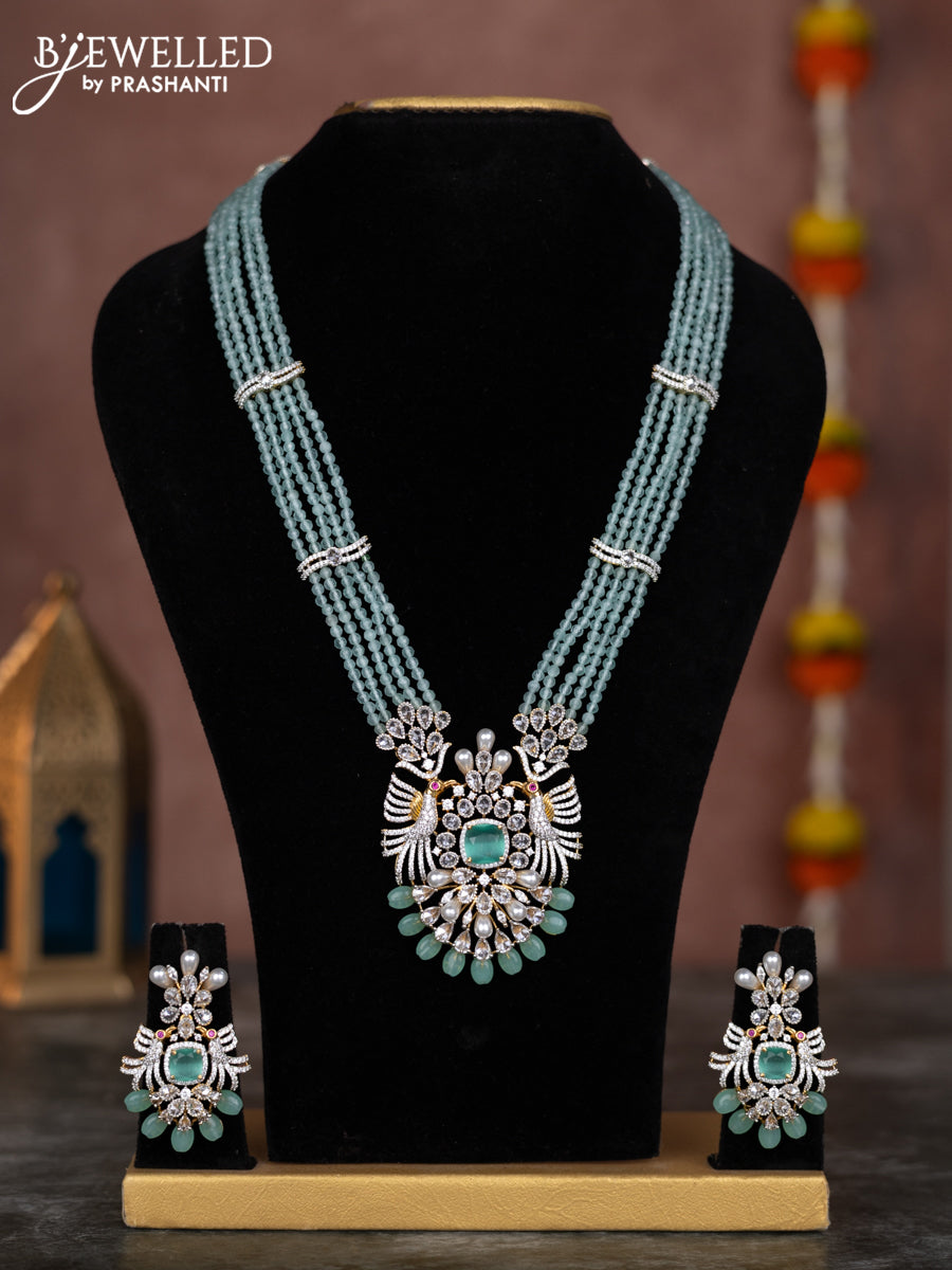 Beaded multilayer mint green necklace with cz stones and pearl & mint green beads