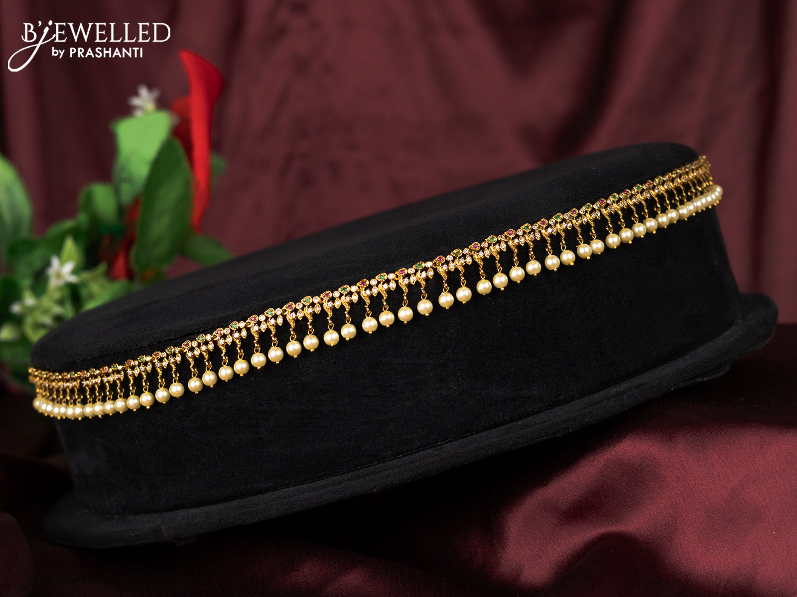 Antique hip chain with kemp & cz stones and pearl hangings