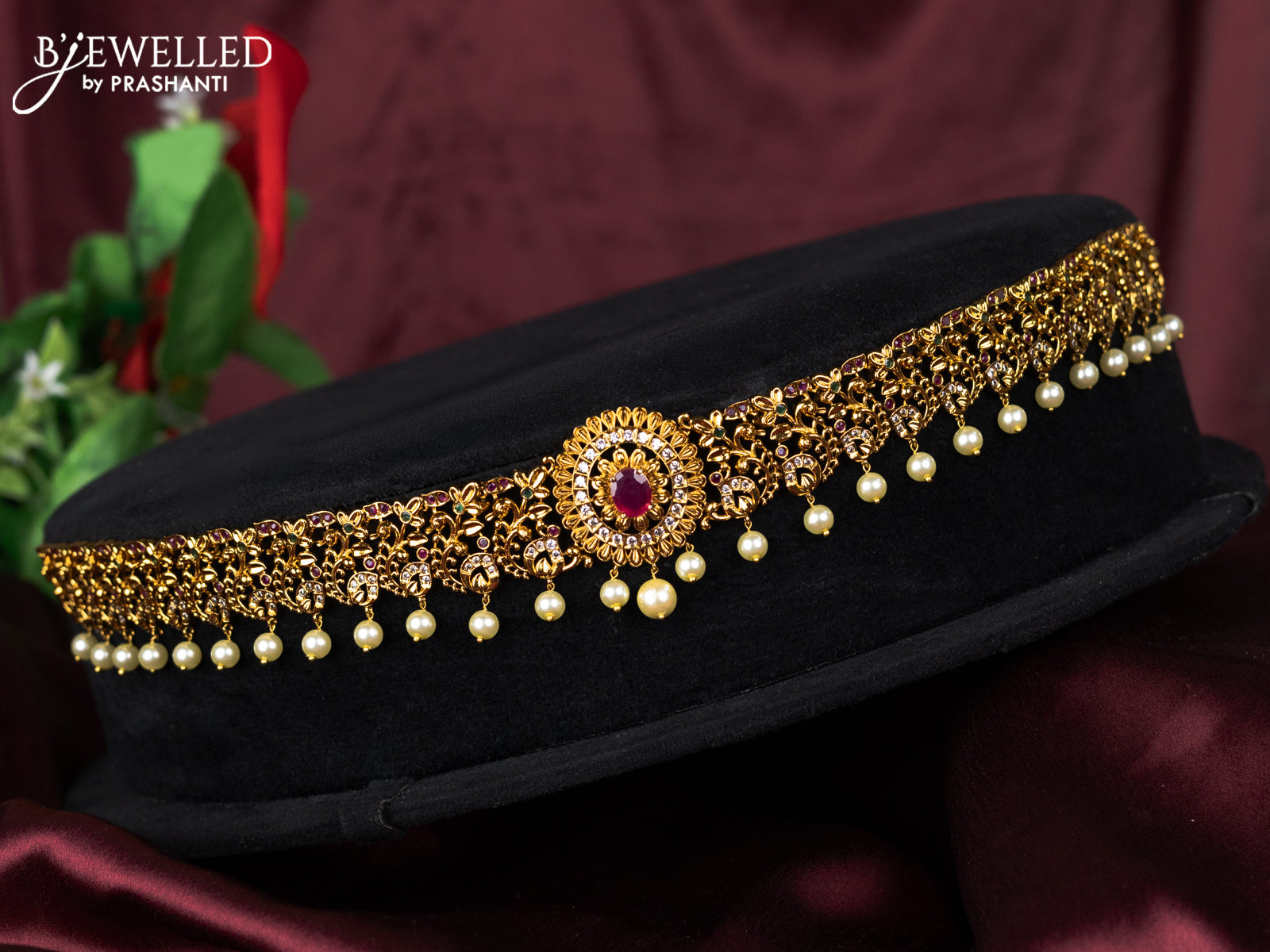 Antique hip belt floral design with kemp & cz stones and pearl hangings