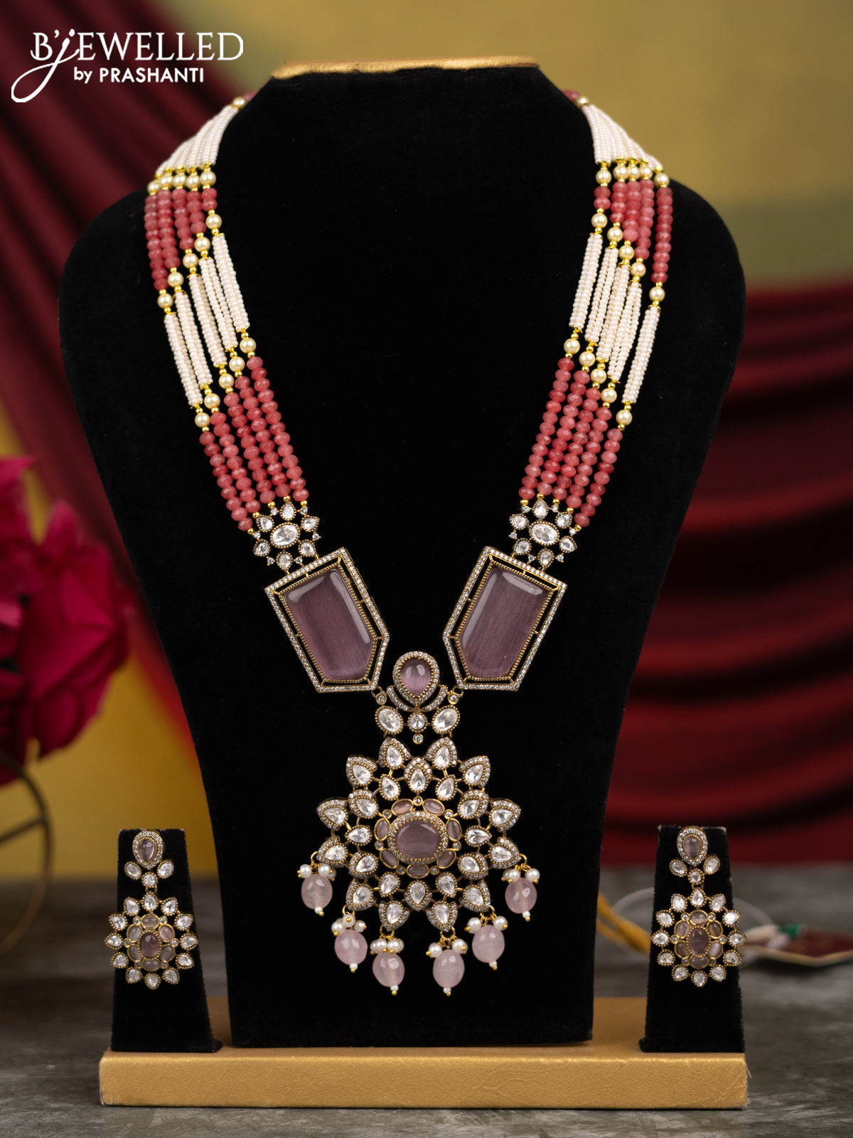 Beaded pink necklace with baby pink & kundan stones and pearl & beads hangings in victorian finish