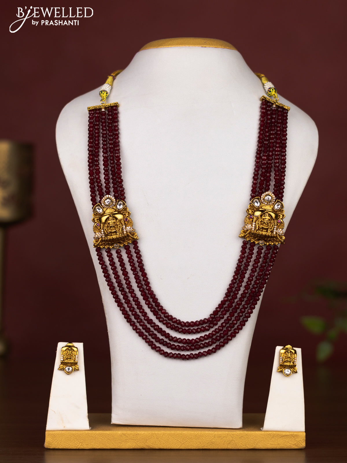 Beaded multilayer maroon necklace lakshmi design with cz stones