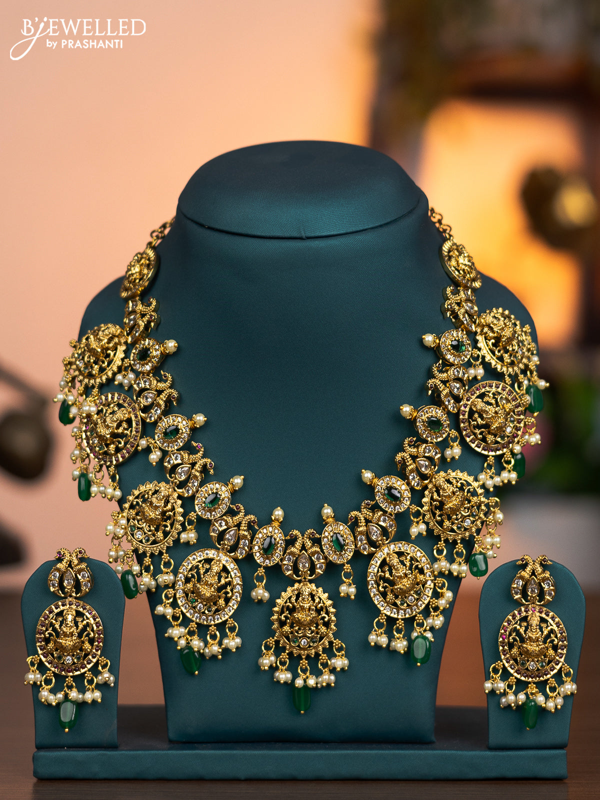 Antique necklace lakshmi design with kemp & cz stones and pearl & green beads hanging