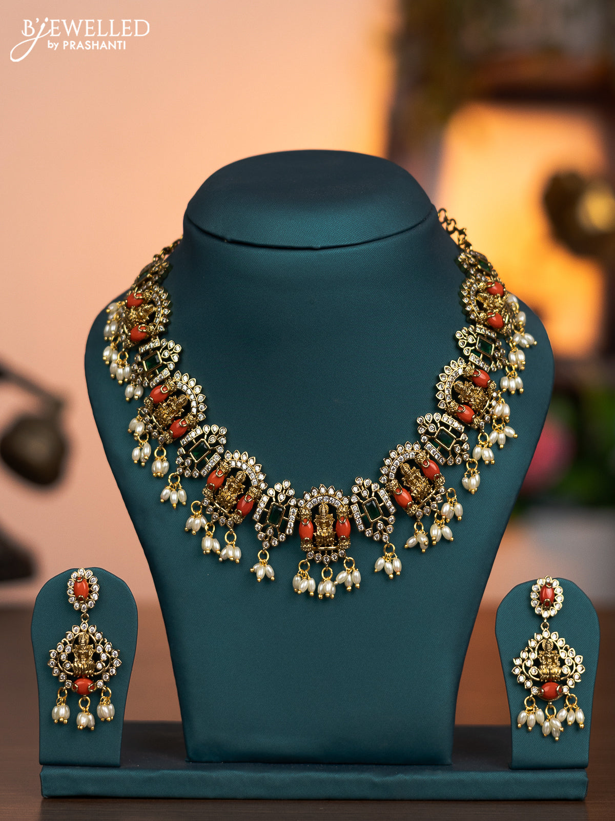 Antique necklace lakshmi design with pavalam green kemp & cz stones and pearl hangings