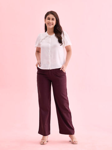 Women Solid Dark Wine Linen Cargo Pant