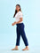 Women Solid Navy Mid Rise Casual Rib Pants