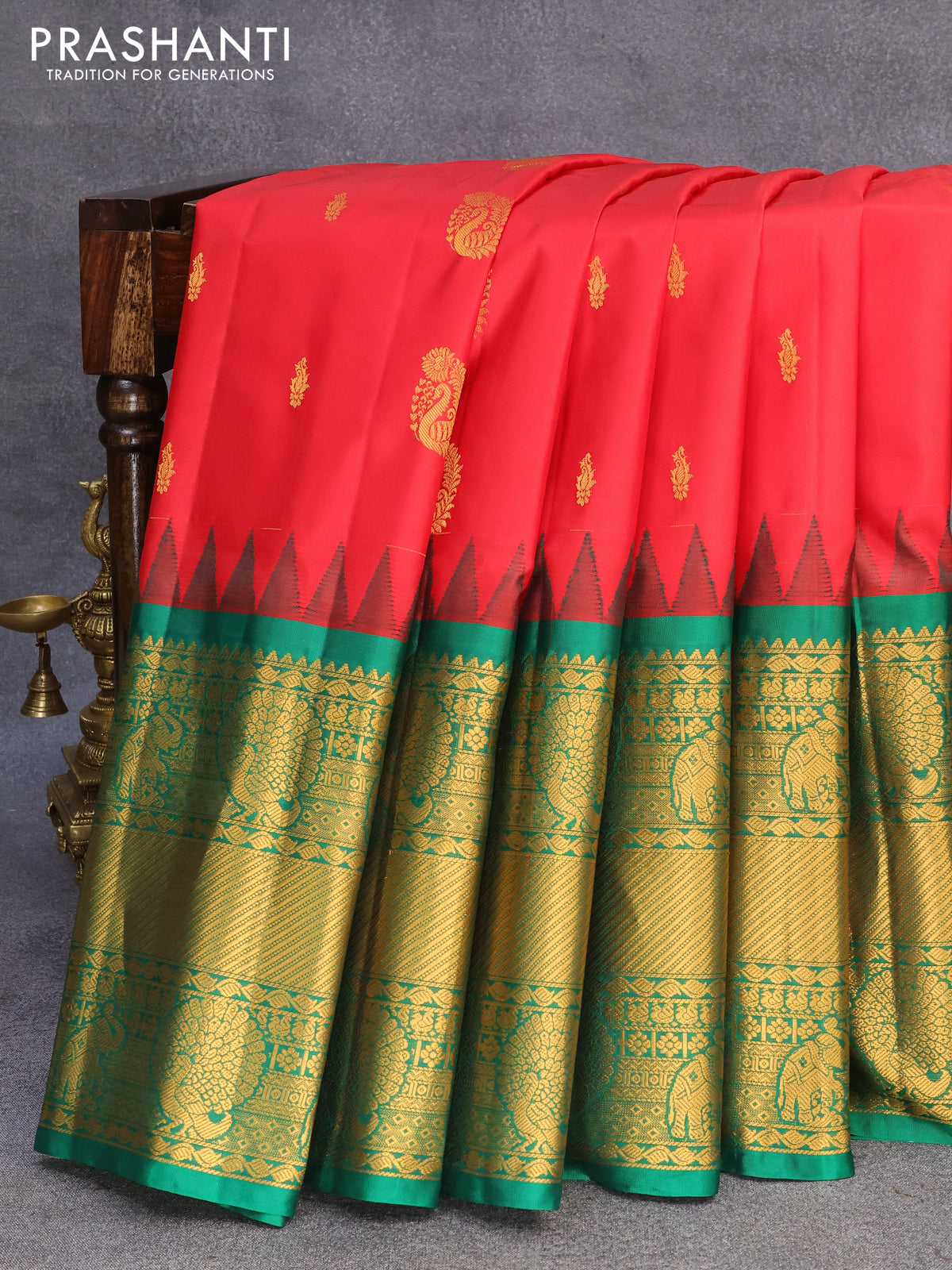 Pure gadwal silk saree red and green with zari woven buttas and long zari woven border