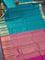 Pure kanjivaram silk saree teal blue and purple with allover zari weaves and long zari woven border & Allover wevaes