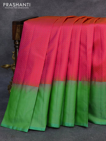 Pure soft silk saree dual shade of pinkish orange and green with allover silver & copper zari weaves and zari woven simple border