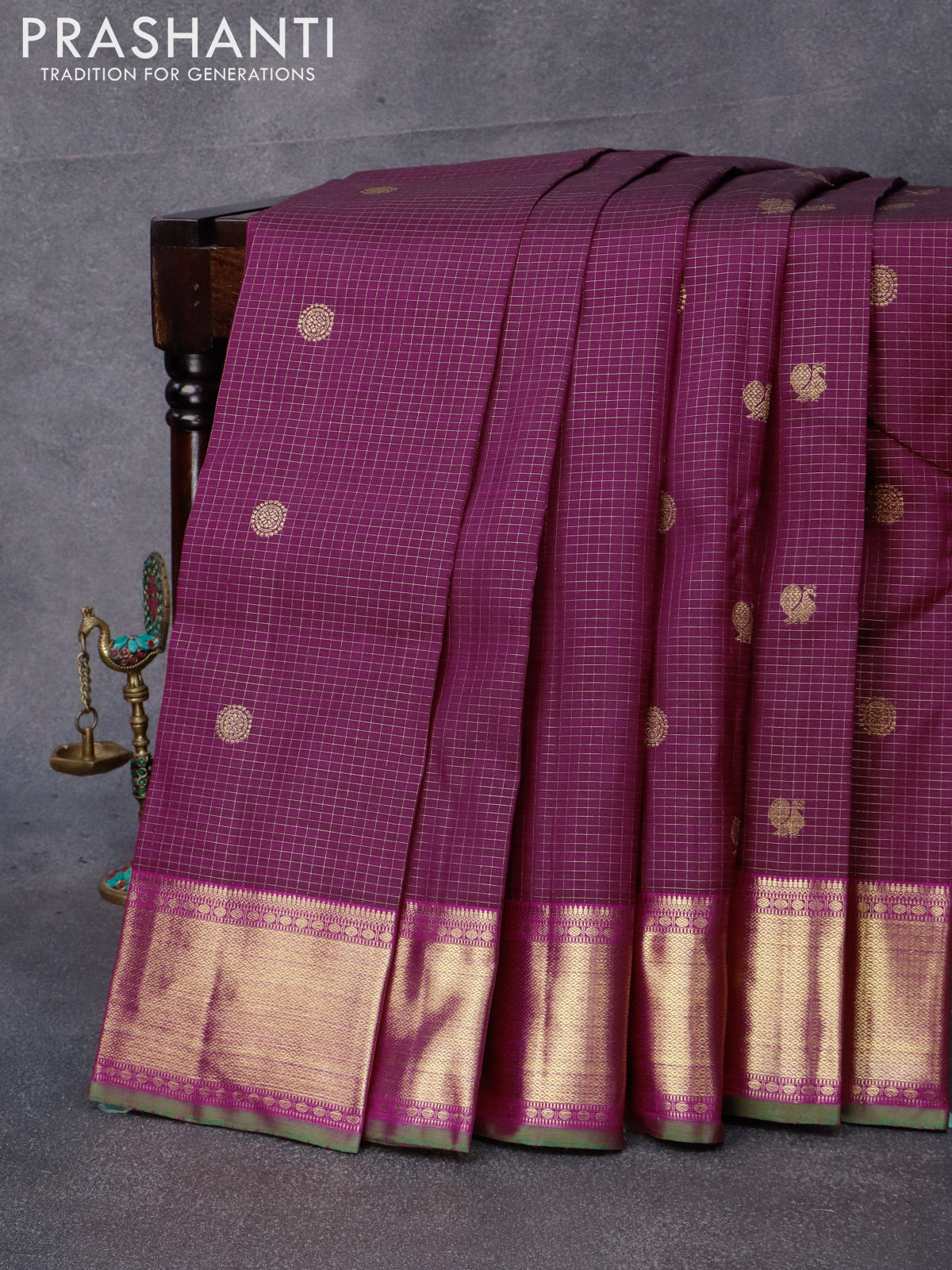 Pure kanjivaram silk saree magenta pink and pink with allover small zari checks & buttas and zari woven border