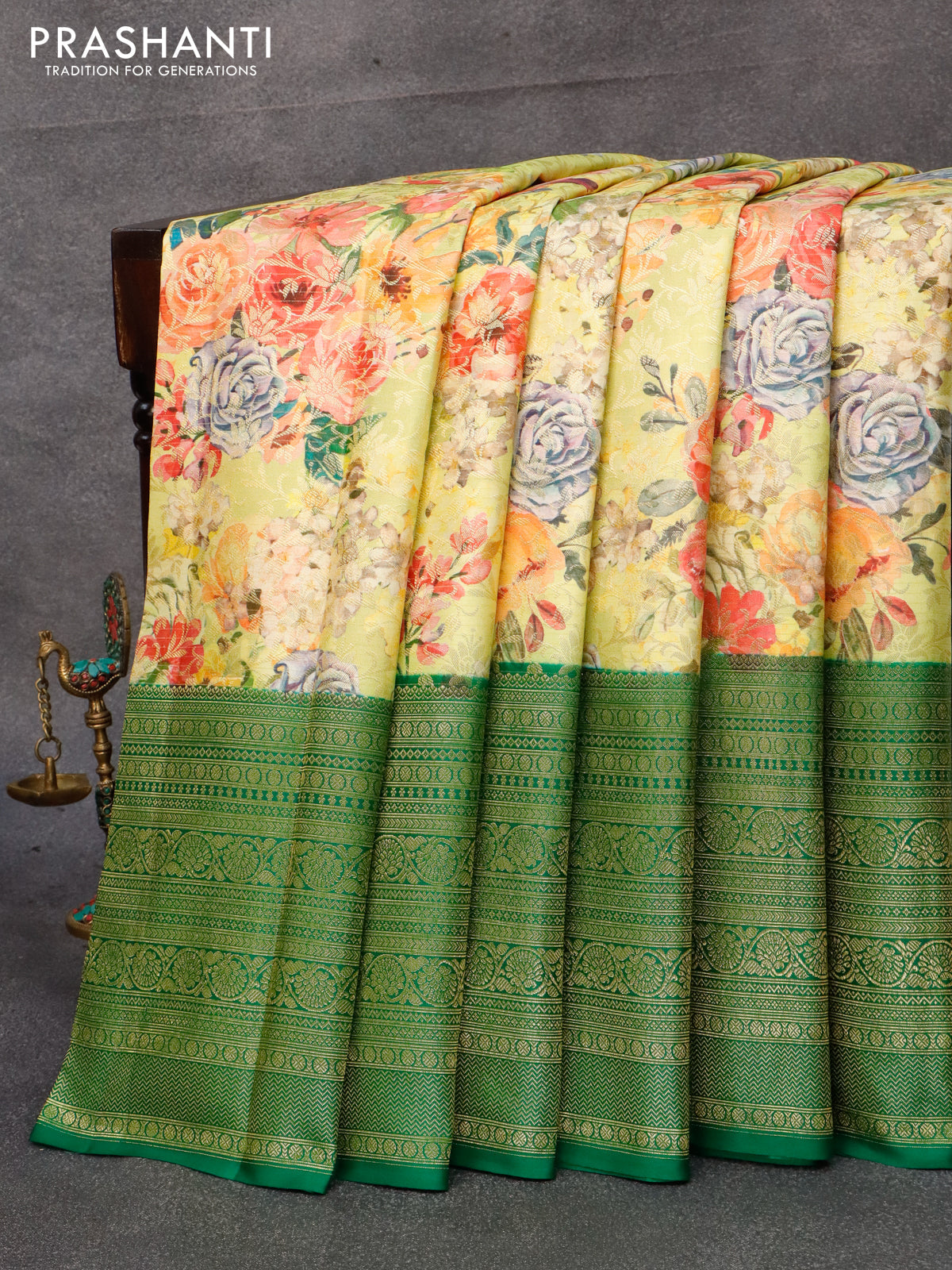 Pure kanjivaram silk saree lime yellow and green with allover floral digital prints & zari weaves and long zari woven border