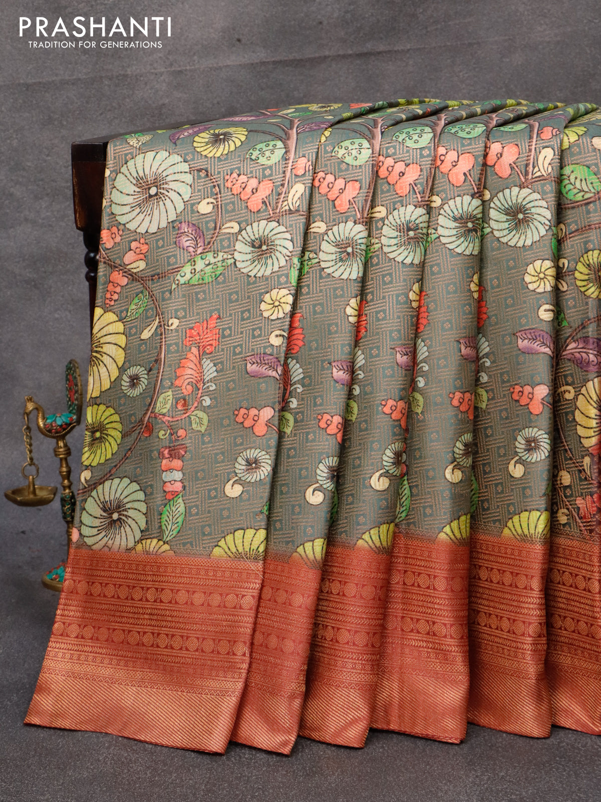 Pure kanjivaram silk saree grey and maroon with allover floral digital prints & zari weaves and long zari woven border