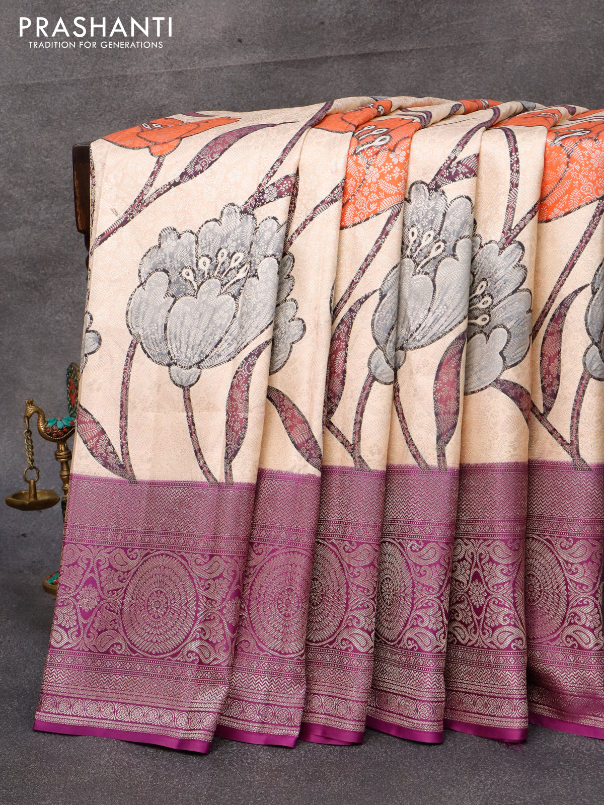 Pure kanjivaram silk saree cream and violet with allover floral digital prints & zari weaves and silver zari woven border