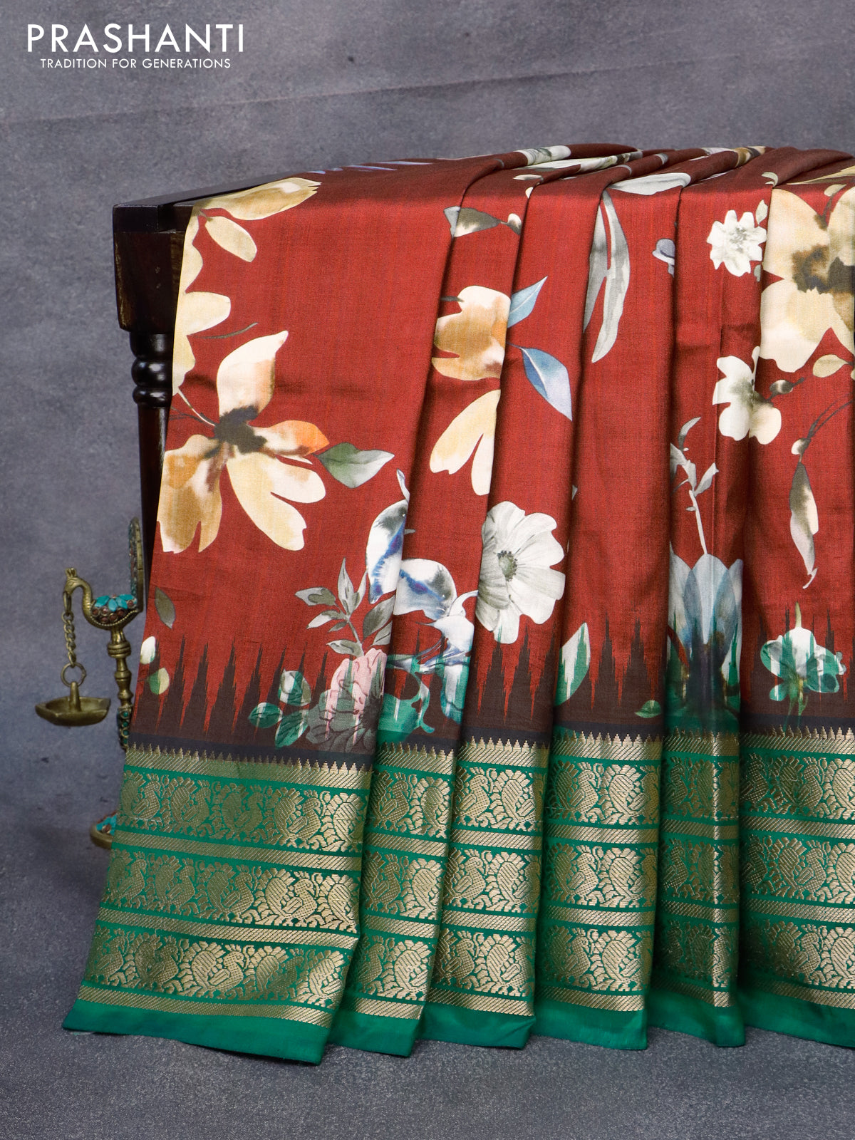 Pure kanjivaram silk saree maroon and green with allover floral digital prints and annam zari woven border