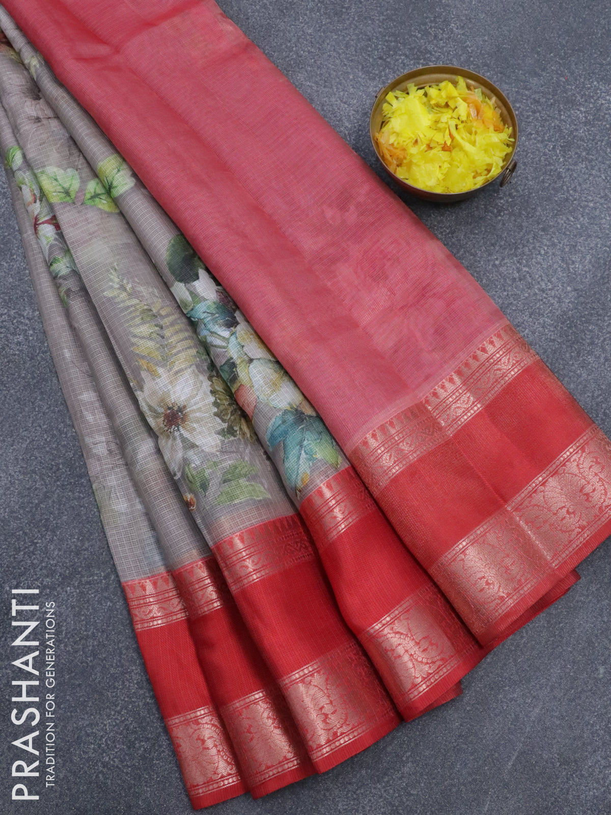 Banarasi kota saree grey and red with floral digital prints and rettapet zari woven border