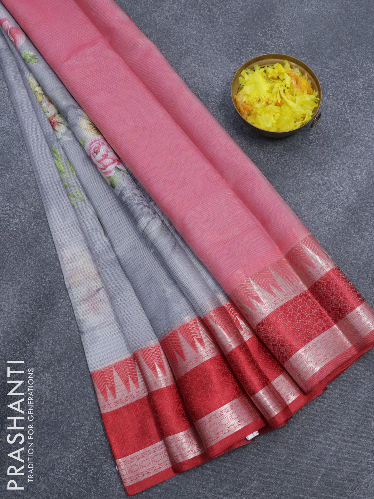 Banarasi kota saree grey and maroon with floral digital prints and temple design rettapet zari woven border