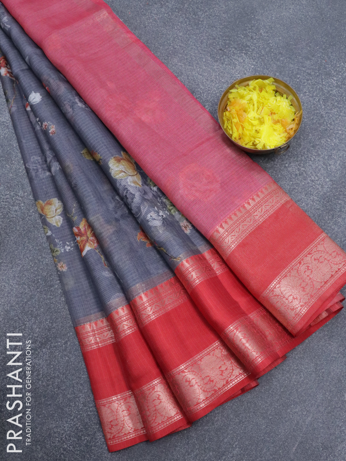 Banarasi kota saree grey and red with floral digital prints and rettapet zari woven border