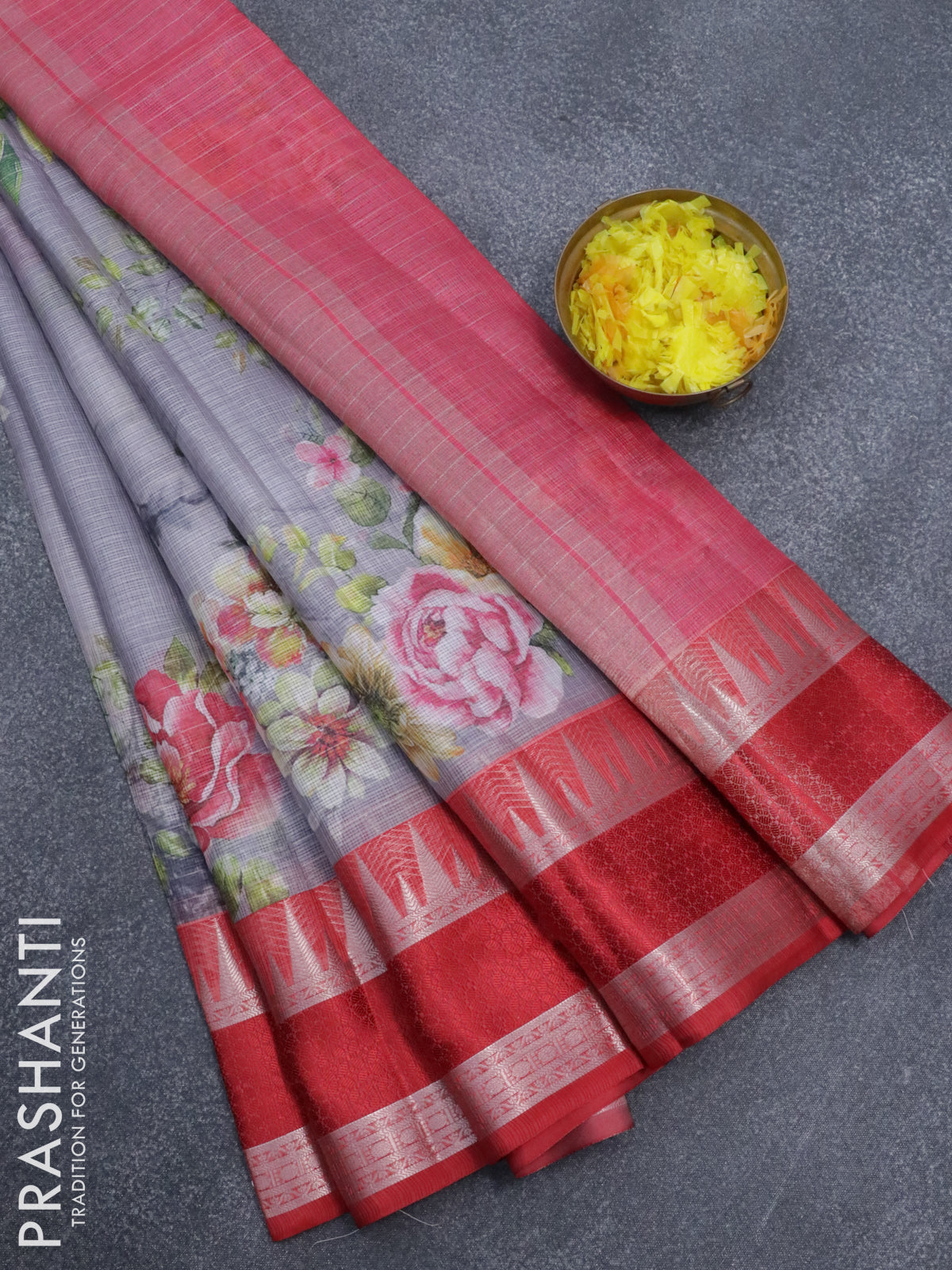 Banarasi kota saree grey and red with floral digital prints and temple design rettapet zari woven border