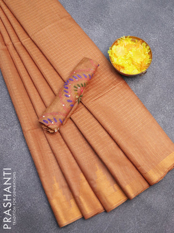 Semi tussar saree sandal with allover zari weaves and temple design zari woven border & embroidery work blouse