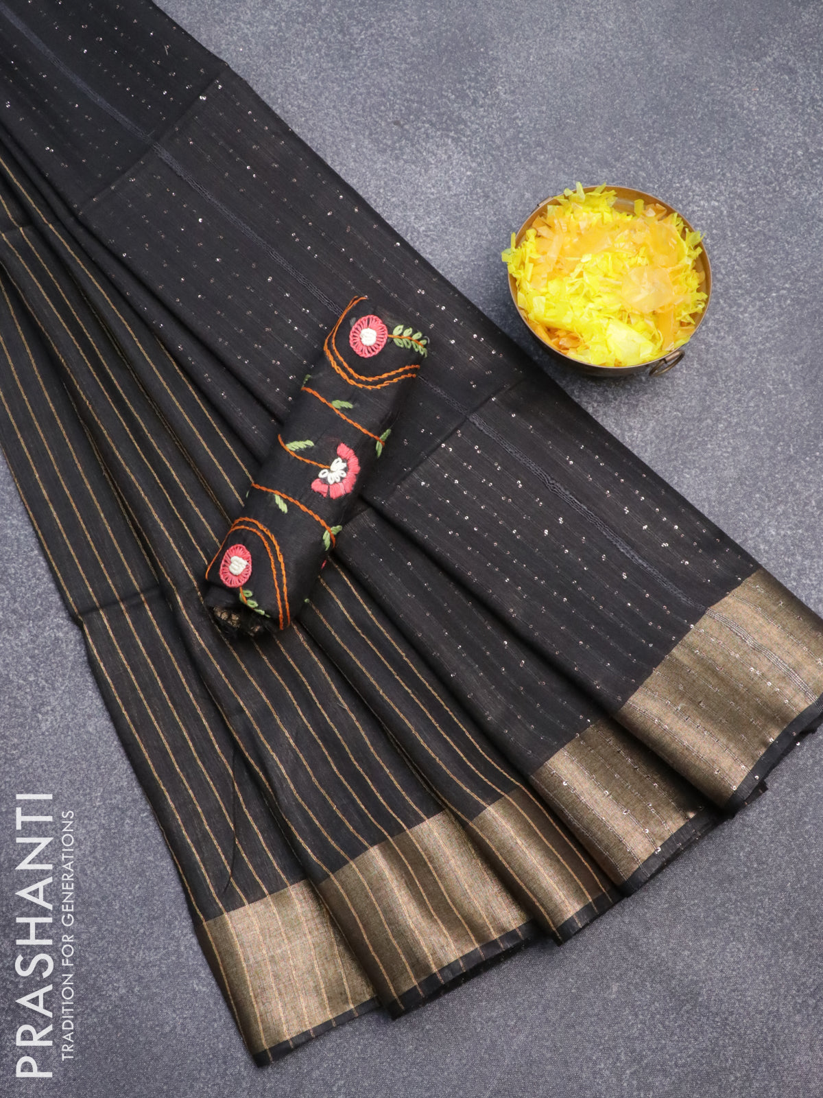 Semi tussar saree black with allover zari weaves and zari woven border & embroidery work blouse