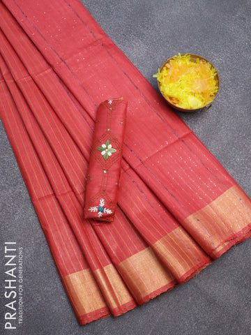 Semi tussar saree red with allover thread weaves and sequin work pallu & embroidery work blouse