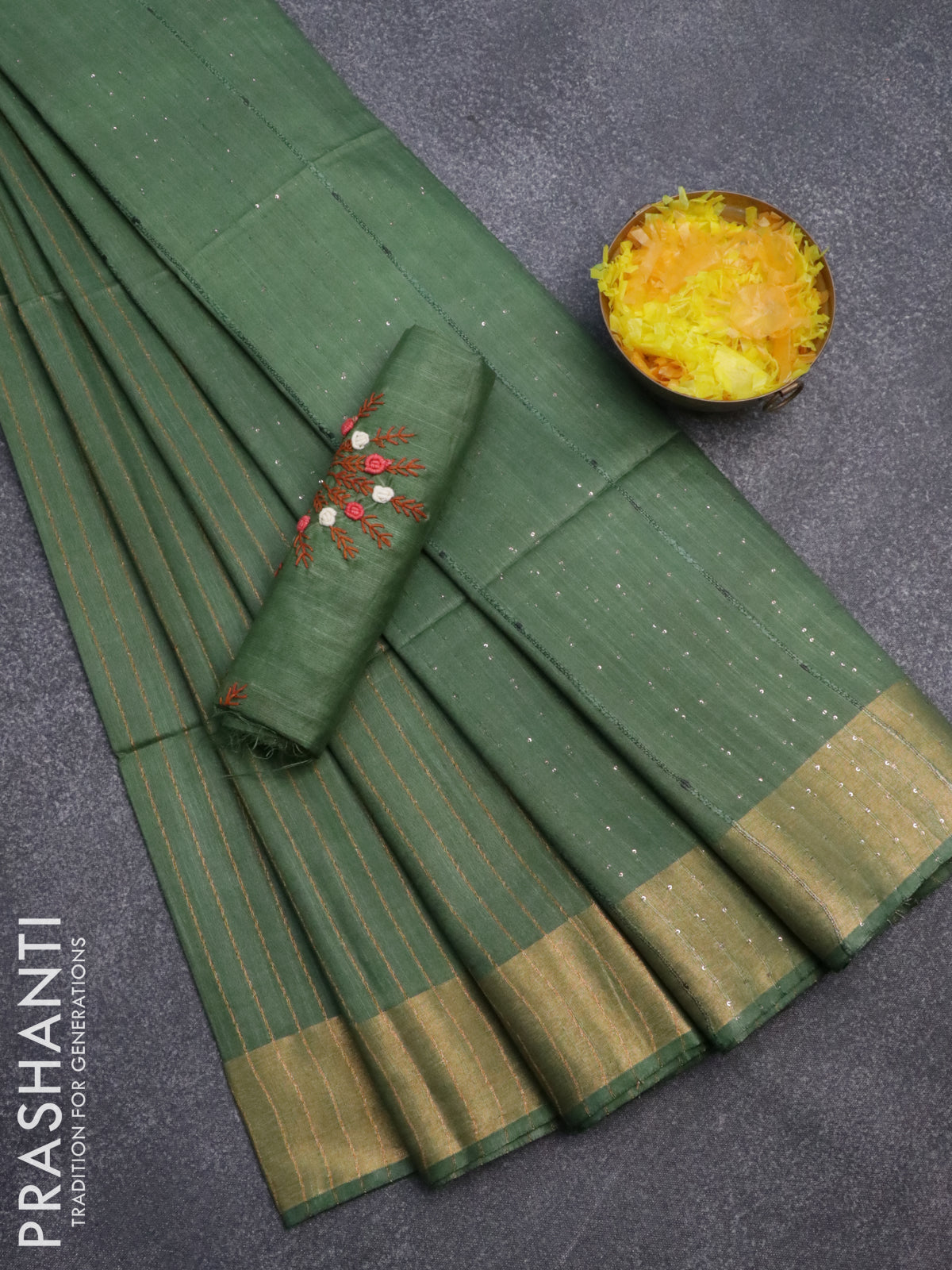 Semi tussar saree green with allover thread weaves and sequin work pallu & embroidery work blouse