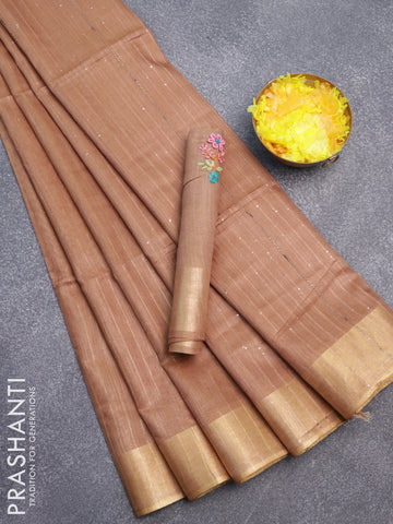 Semi tussar saree pastel brown with allover zari woven stripes pattern and sequin work pallu & embroidery work blouse