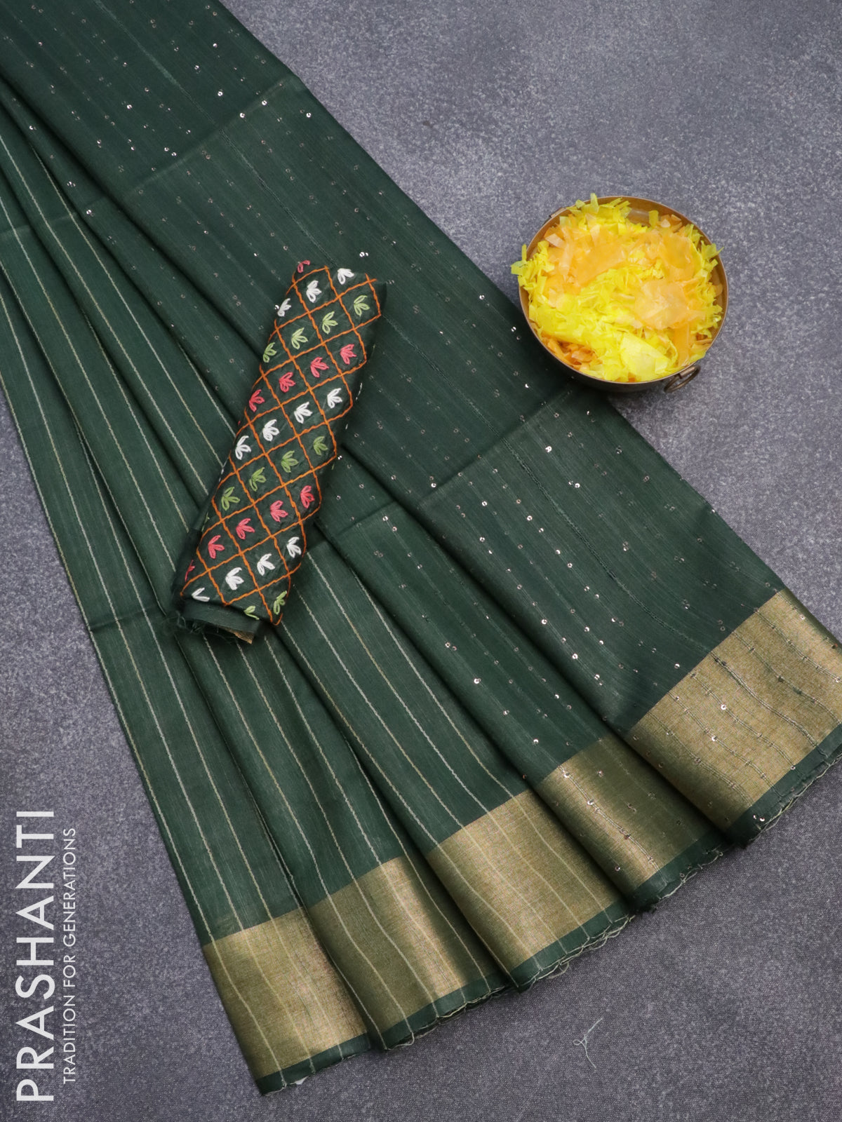 Semi tussar saree green with allover thread weaves and sequin work pallu & embroidery work blouse