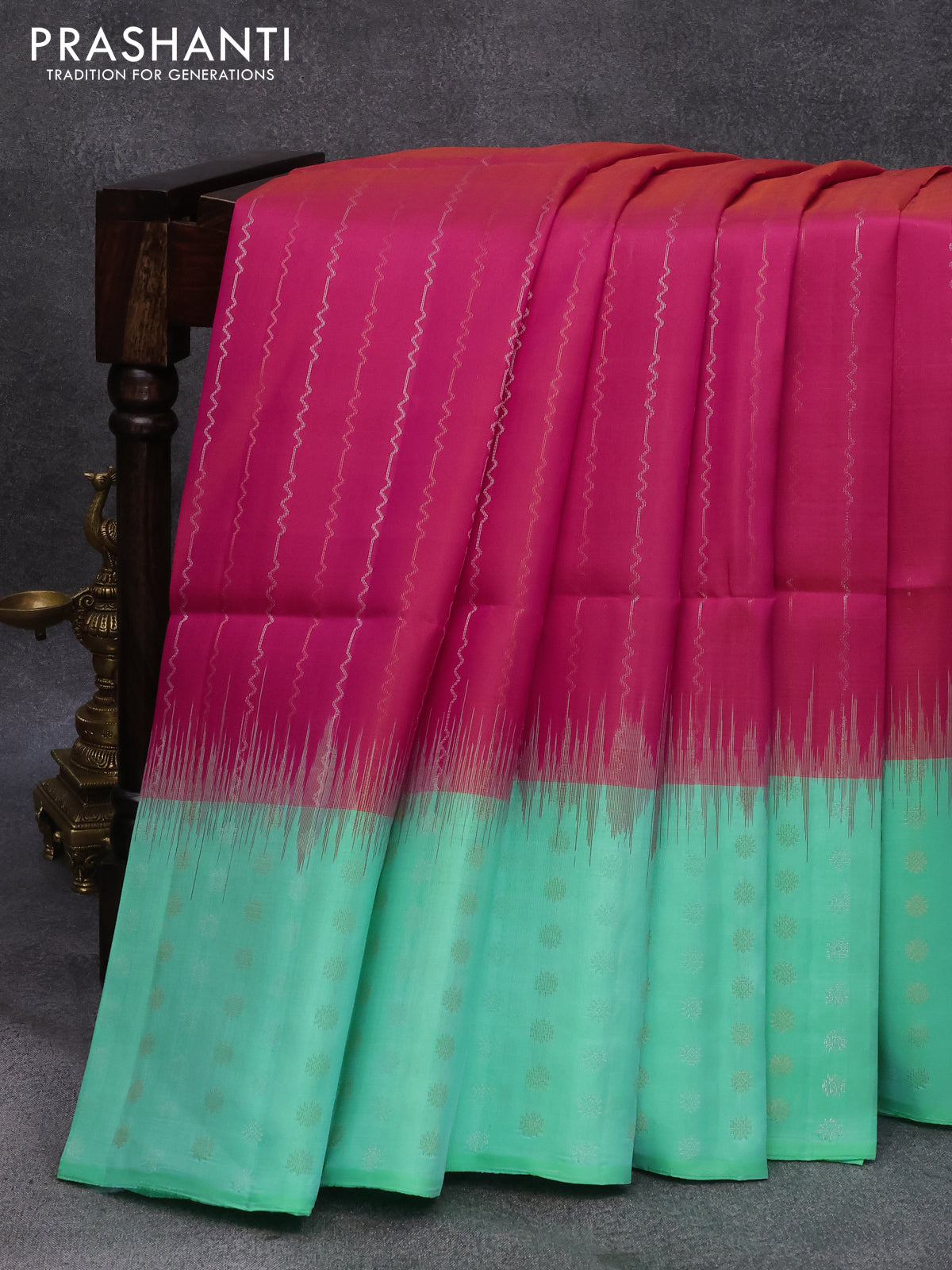 Pure soft silk saree pink and teal green with allover silver & copper zari weaves and long silver & copper zari woven butta border