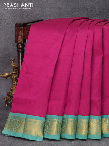 10 yards silk cotton saree magenta pink and teal blue with plain body and elephant & peacock zari woven border without blouse