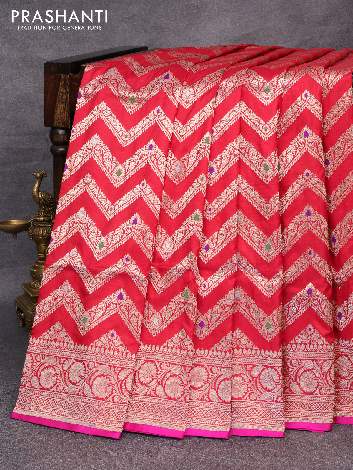 Pure banarasi uppada silk saree red and pink with allover zari woven zig zag weaves and zari woven border
