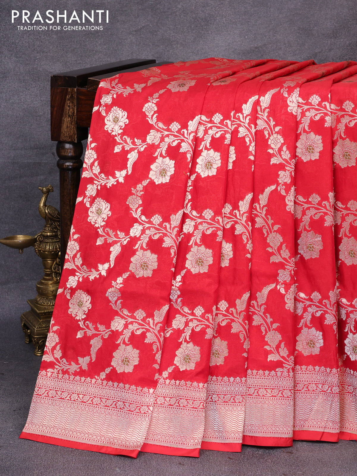 Pure banarasi uppada silk saree red with allover zari woven floral weaves and zari woven border