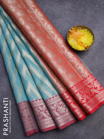 Banarasi kota saree teal blue and red with allover zari woven zig zag weaves and zari woven border