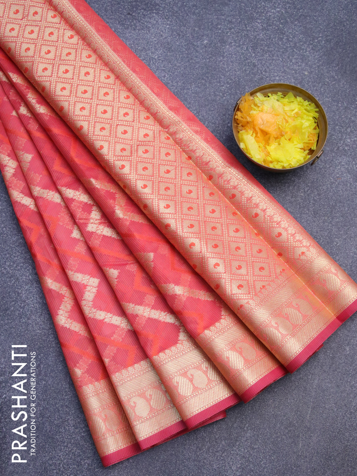 Banarasi kota saree pinkish orange with allover thread & zari weaves and paisley zari woven border